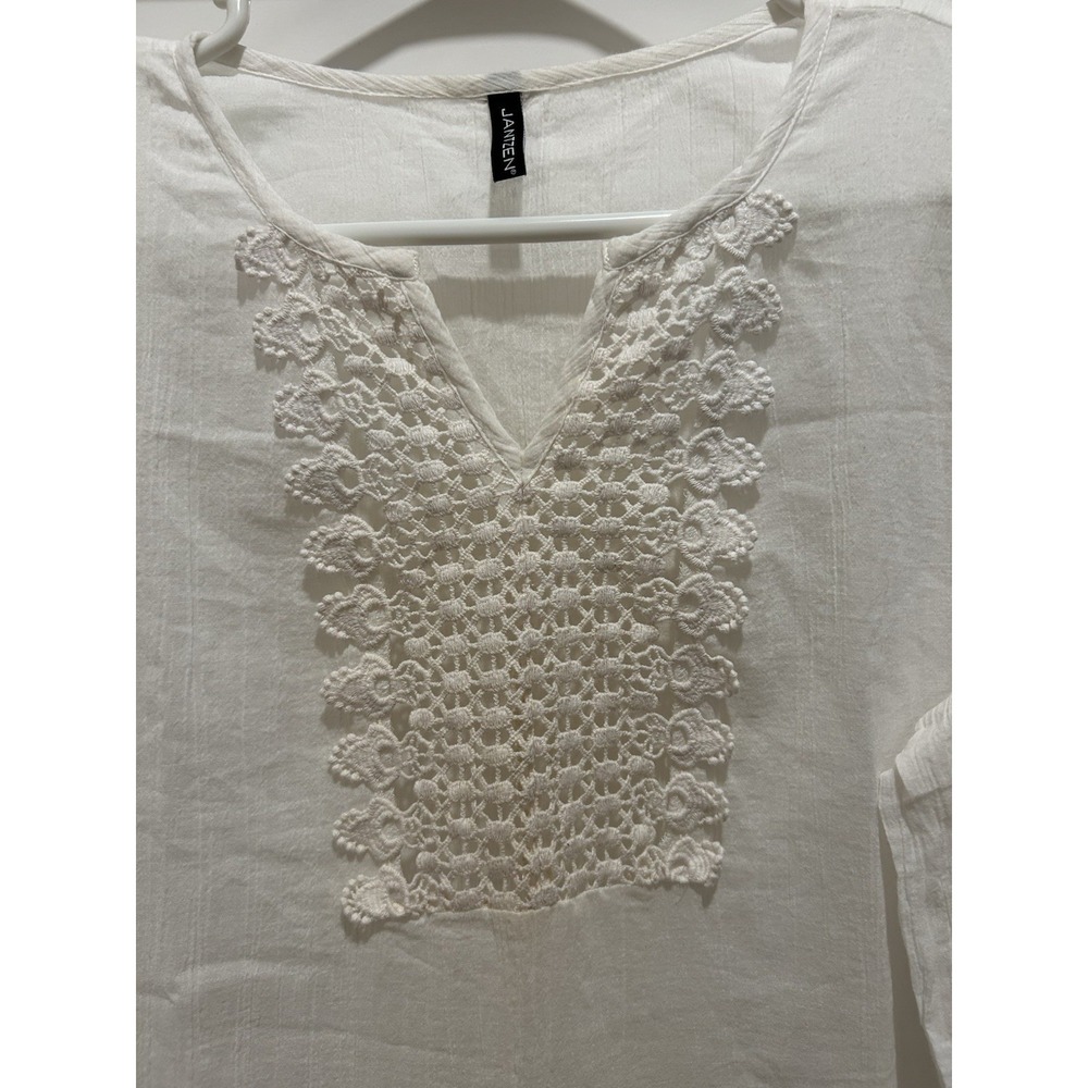 Jantzen Tunic Women's White Boho Crochet Trim Coverup Lightweight Gauzy Cotton